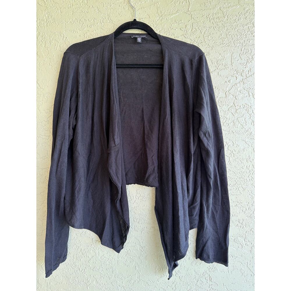 Eileen Fisher Cardigan Women L Black Organic Linen Cotton Draped Open Lagenlook